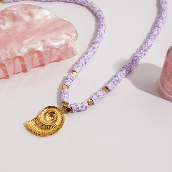 Stacked Holiday Style Stainless Steel Natural Stone Conch Pendant Geometric Pattern Electroplated Women's Necklace