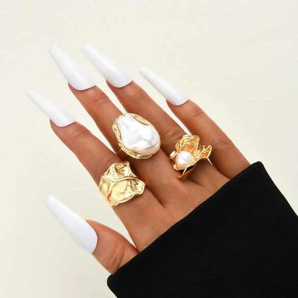 Stacked Ins Style Women's Special Shaped Pearl Gemstone Ring Set Zinc Alloy Electroplated
