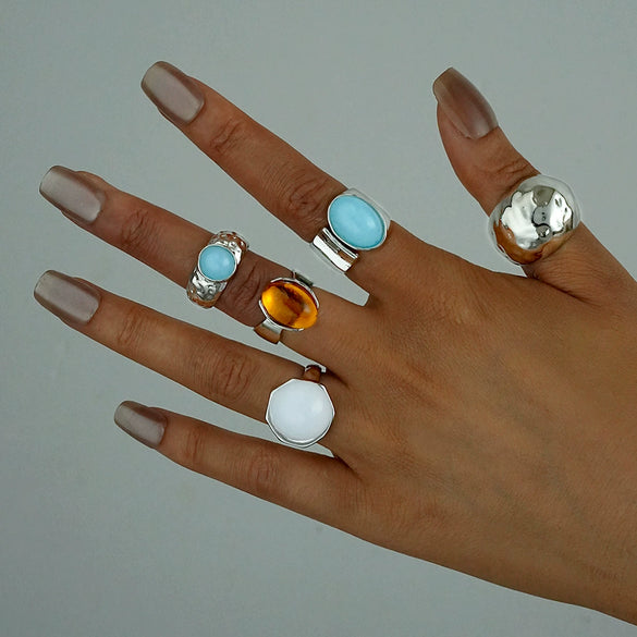 Stacked Ins Style Women's Special Shaped Pearl Gemstone Ring Set Zinc Alloy Electroplated