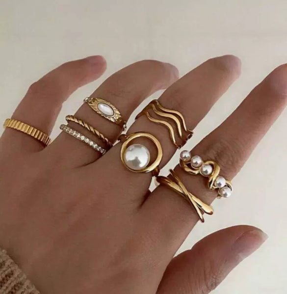 Stacked Ins Style Women's Special Shaped Pearl Gemstone Ring Set Zinc Alloy Electroplated