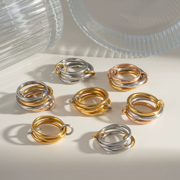 Stacked Interlocking Ring In Geometric Shape Stainless Steel Jewelry With Pvd Furnace Vacuum Real Gold Plating For Unisex