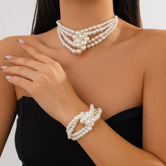 Stacked Knot Imitation Pearl Multilayer Clavicle Chain Necklace Geometric Style Handmade For Women