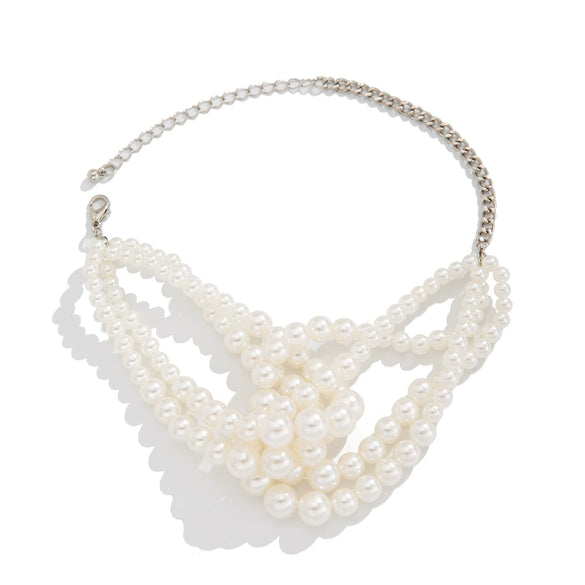 Stacked Knot Imitation Pearl Multilayer Clavicle Chain Necklace Geometric Style Handmade For Women