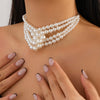 Stacked Knot Imitation Pearl Multilayer Clavicle Chain Necklace Geometric Style Handmade For Women