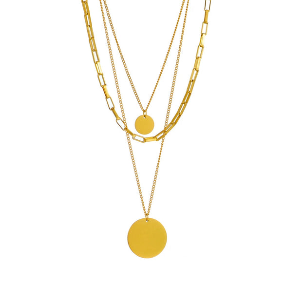 Stacked Multi Layer Round Pendant Necklace With Geometric Pattern Made Of Titanium Steel Electroplated For Women And Men