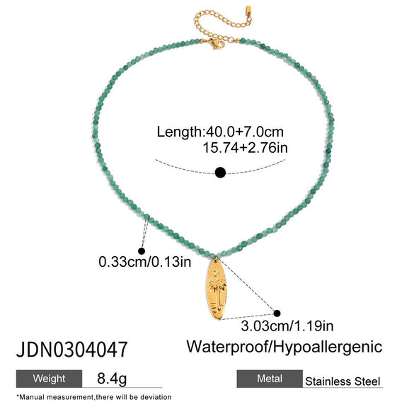 Stacked Natural Stone Ocean Style Hammer Pattern Coconut Tree Pendant Stainless Steel Clavicle Chain Necklace With Electroplating