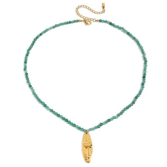 Stacked Natural Stone Ocean Style Hammer Pattern Coconut Tree Pendant Stainless Steel Clavicle Chain Necklace With Electroplating