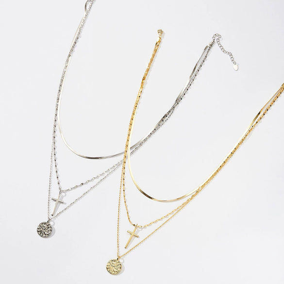 Stacked Necklace Snake Bone Clavicle Chain S925 Sterling Silver Cross Geometric Electroplated Design