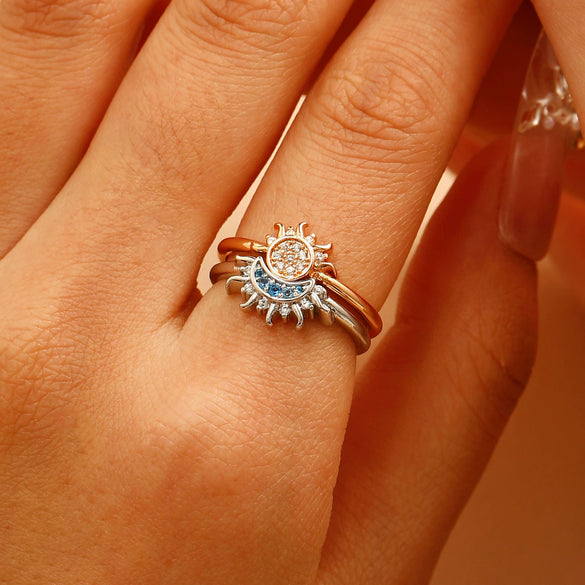 Stacked Open Ring Women's Copper Diamond Retro Design Sun And Moon Style