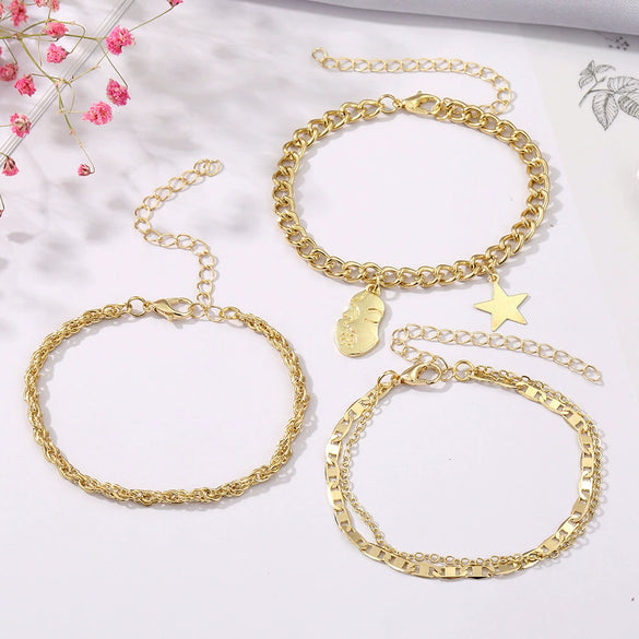 Stacked Retro Fivepointed Star Alloy Bracelet Fourpiece Set Electroplated Geometric Design For Men And Women