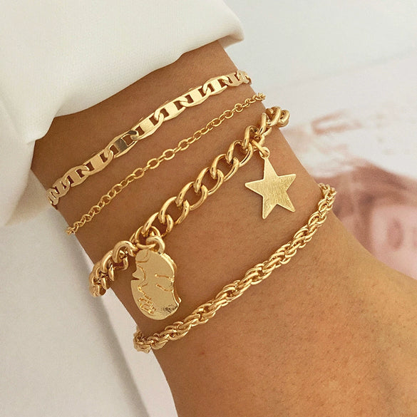 Stacked Retro Fivepointed Star Alloy Bracelet Fourpiece Set Electroplated Geometric Design For Men And Women