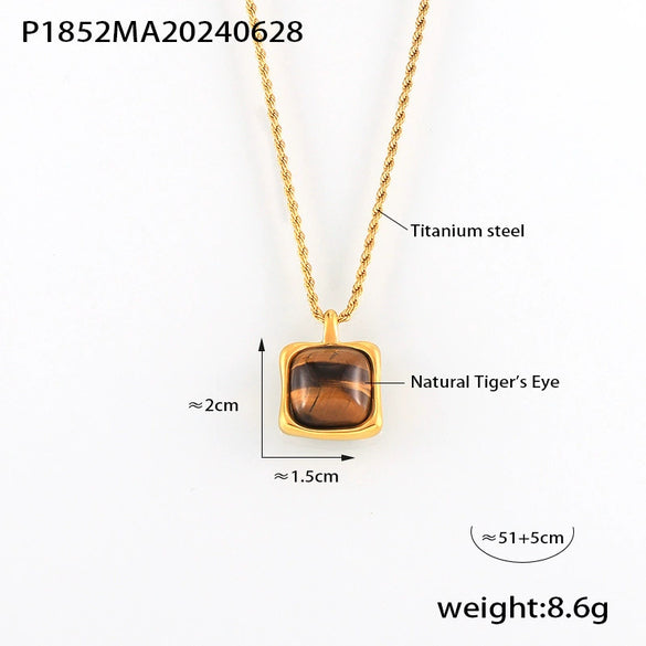 Stacked Tiger Eye Pendant Necklace For Women Titanium Steel 18K Gold Plated Geometric Ball Chain Light Luxury
