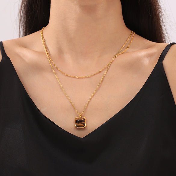 Stacked Tiger Eye Pendant Necklace For Women Titanium Steel 18K Gold Plated Geometric Ball Chain Light Luxury