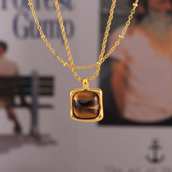 Stacked Tiger Eye Pendant Necklace For Women Titanium Steel 18K Gold Plated Geometric Ball Chain Light Luxury