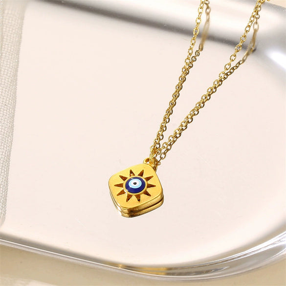 Stacked Wind Devil's Eye Element Diamond Small Square Titanium Steel And Stainless Steel Women's Clavicle Necklace With Dripping Oil Treatment And Geometric Pattern