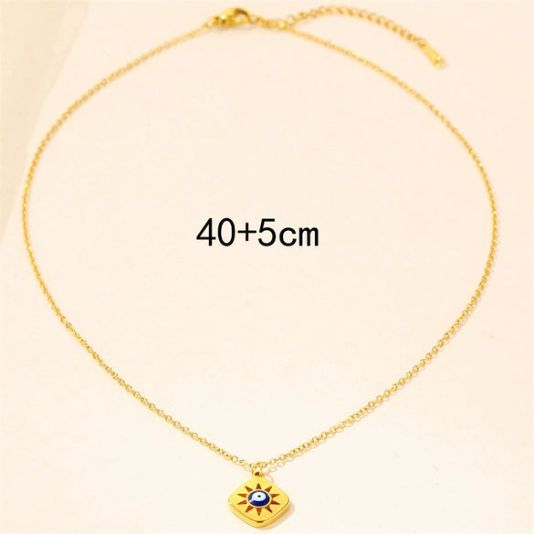 Stacked Wind Devil's Eye Element Diamond Small Square Titanium Steel And Stainless Steel Women's Clavicle Necklace With Dripping Oil Treatment And Geometric Pattern