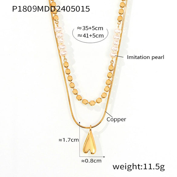 Stacked Wind Jewelry Freshwater Pearl Round Beaded Love Pendant Copper Necklace With Geometric Design And Electroplating