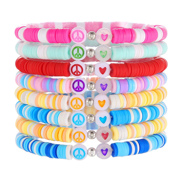 Stacking Bracelet Set Polymer Clay Handmade Geometric Style Colorful Soft Oil Dripping White Smiley Face Bohemian