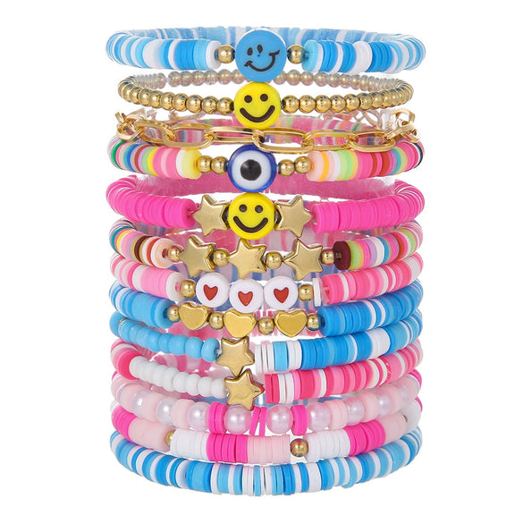 Stacking Bracelet Set Polymer Clay Handmade Geometric Style Colorful Soft Oil Dripping White Smiley Face Bohemian