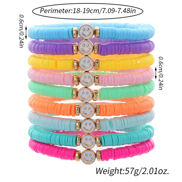 Stacking Bracelet Set Polymer Clay Handmade Geometric Style Colorful Soft Oil Dripping White Smiley Face Bohemian