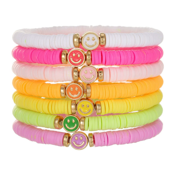 Stacking Bracelet Set Polymer Clay Handmade Geometric Style Colorful Soft Oil Dripping White Smiley Face Bohemian