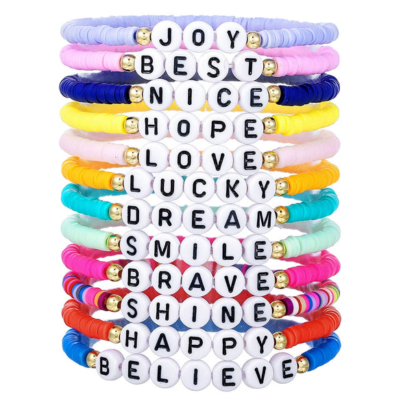 Stacking Bracelet Set Polymer Clay Handmade Geometric Style Colorful Soft Oil Dripping White Smiley Face Bohemian