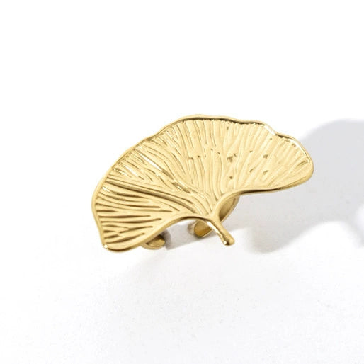 Stacking Ring Stainless Steel Electroplated Real Gold Multilayer Ginkgo Leaf Style For Women