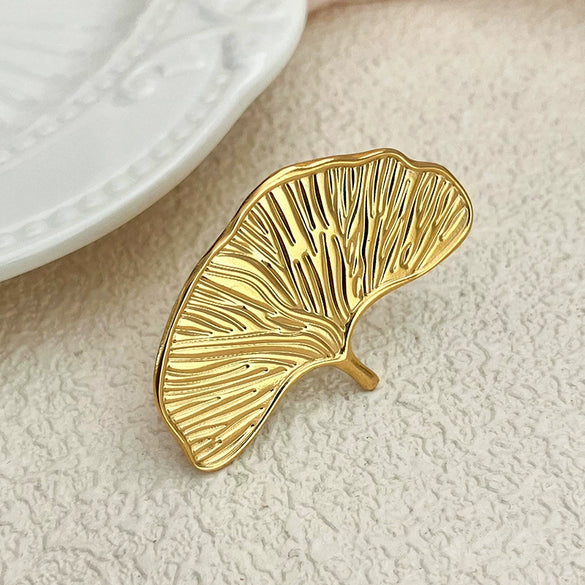 Stacking Ring Stainless Steel Electroplated Real Gold Multilayer Ginkgo Leaf Style For Women