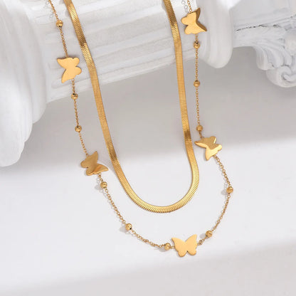 Stainless Steel 14K Gold Plated IG Style Elegant Korean Style Butterfly Polishing Double Layer Necklaces Necklace