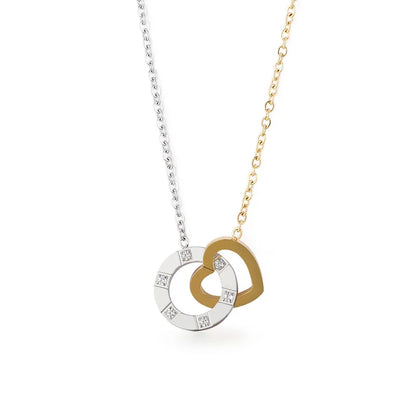 Wholesale Jewelry Basic Circle Heart Shape 304 Stainless Steel Rhinestones 18K Gold Plated Inlay Pendant Necklace