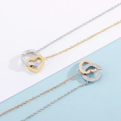 Wholesale Jewelry Basic Circle Heart Shape 304 Stainless Steel Rhinestones 18K Gold Plated Inlay Pendant Necklace