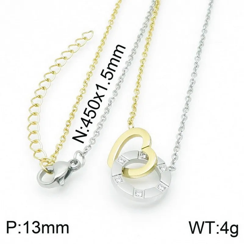 Wholesale Jewelry Basic Circle Heart Shape 304 Stainless Steel Rhinestones 18K Gold Plated Inlay Pendant Necklace