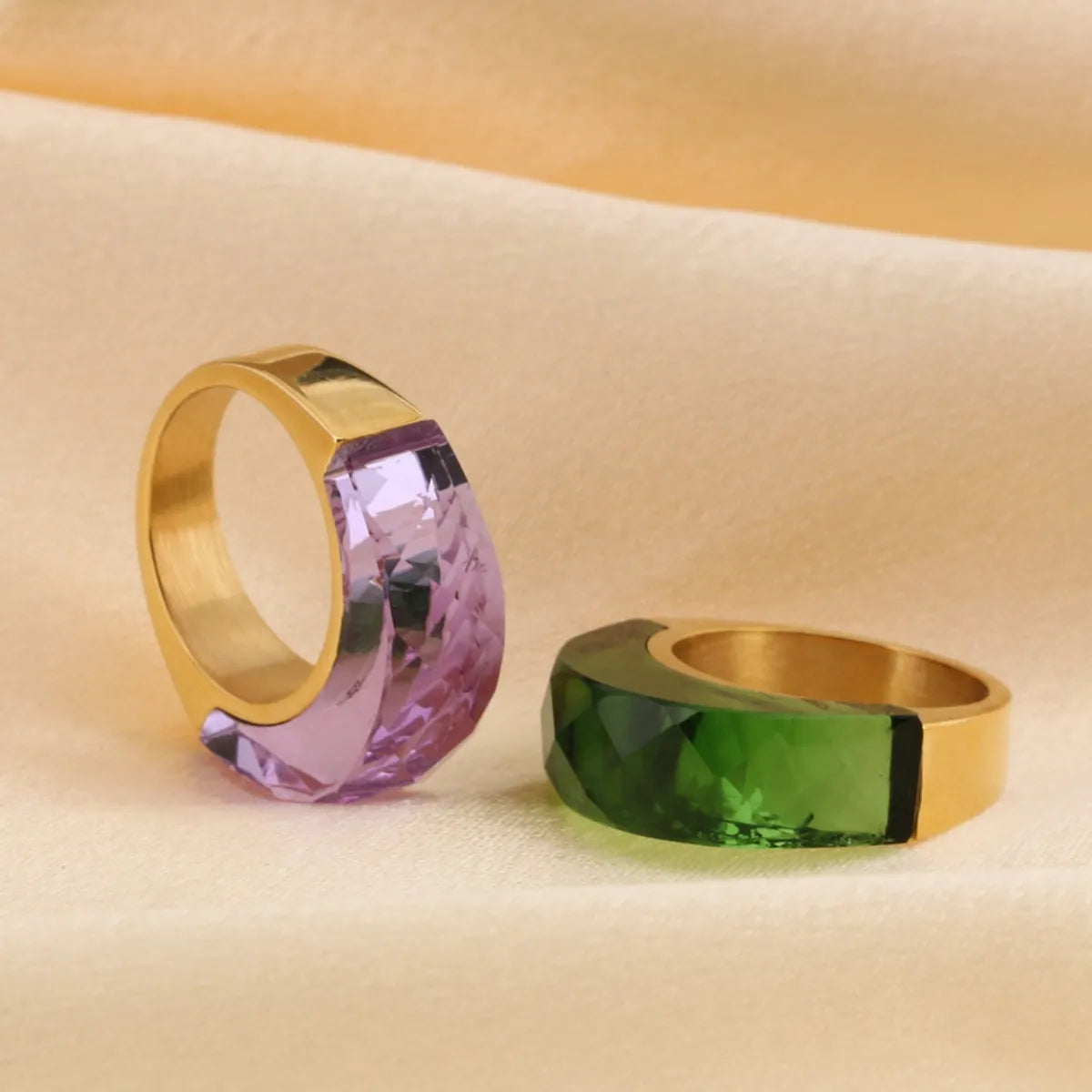 Stainless Steel 18K Gold Plated Basic Color Block Plating Inlay Glass Stone Rings