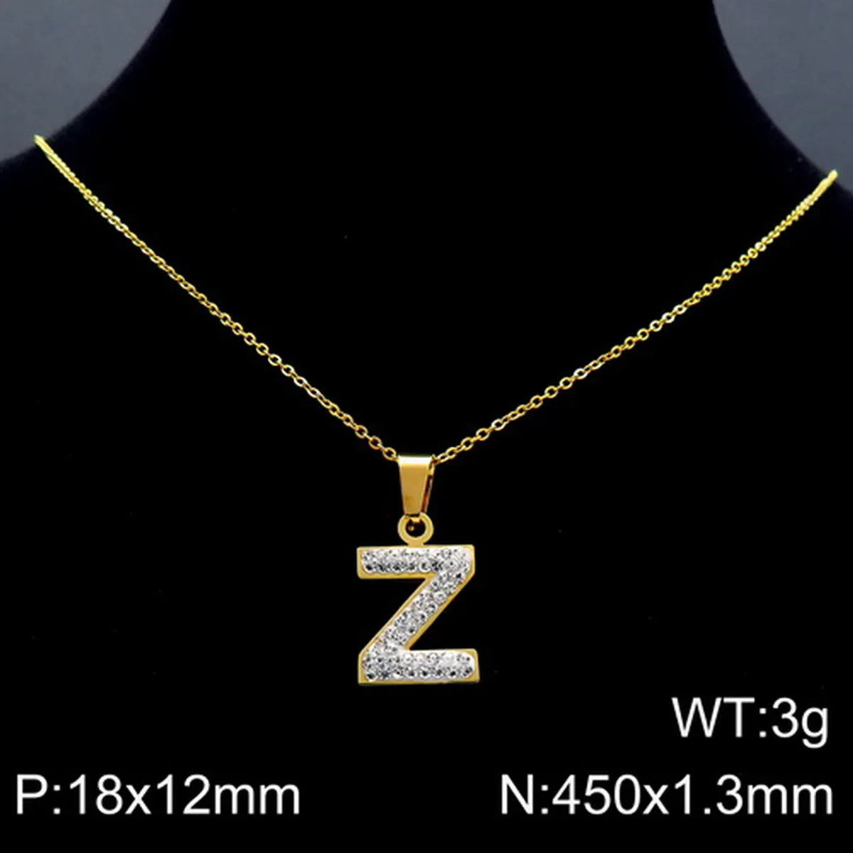 Stainless Steel 18K Gold Plated Basic Letter Inlay Rhinestones Pendant Necklace