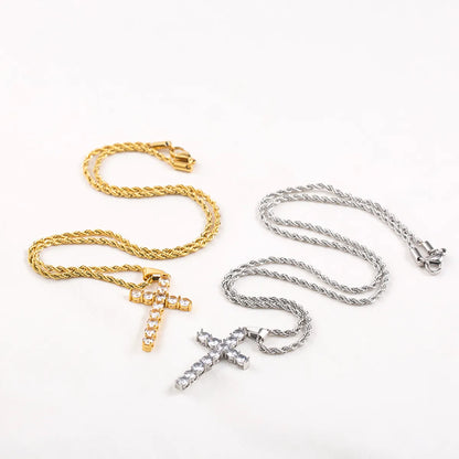 Stainless Steel 18K Gold Plated Business Simple Style Cross Plating Inlay Rhinestones Pendant Necklace