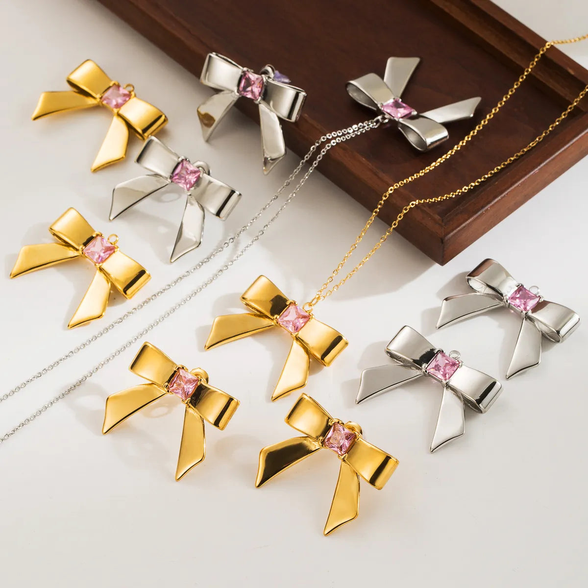 Stainless Steel 18K Gold Plated Casual Cute Bow Knot Inlay Zircon Earrings Necklace