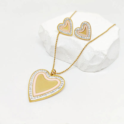 Stainless Steel 18K Gold Plated Casual Romantic Heart Shape Key Inlay Zircon Earrings Necklace