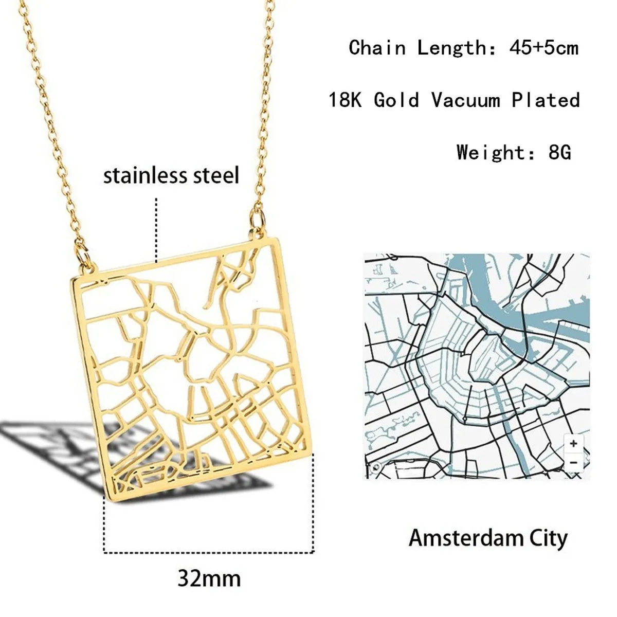 Stainless Steel 18K Gold Plated Casual Simple Style Map Pendant Necklace