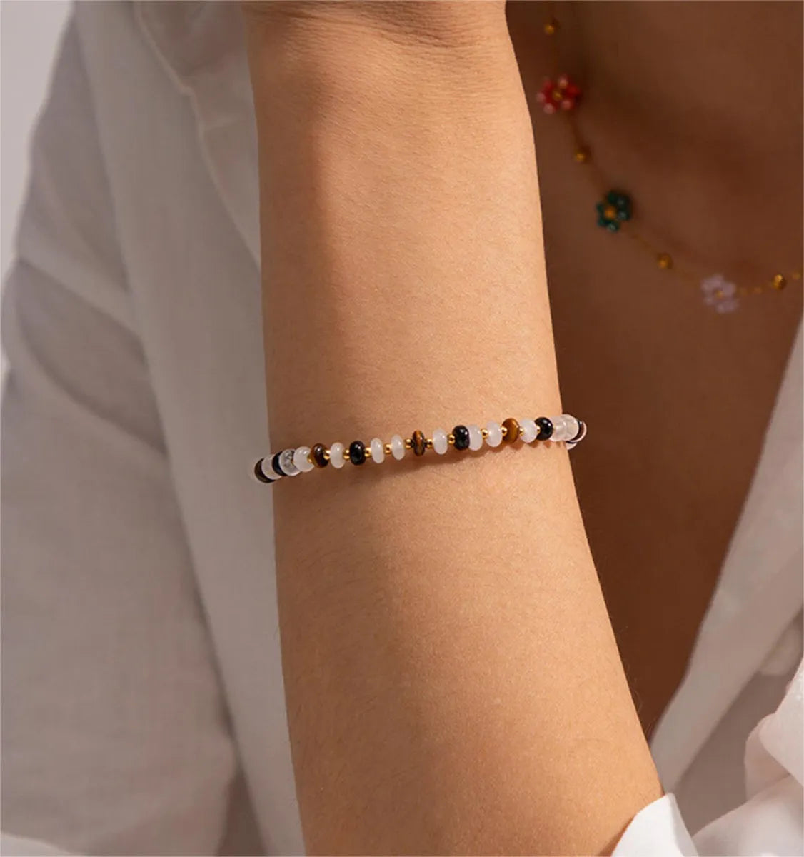 Stainless Steel 18K Gold Plated Elegant Cute Sweet Color Block Beaded Plating Natural Stone Bracelets Necklace