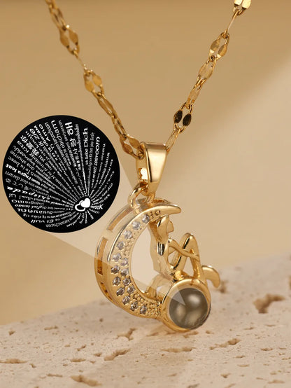 Stainless Steel 18K Gold Plated Elegant Moon Hollow Out Pendant Necklace