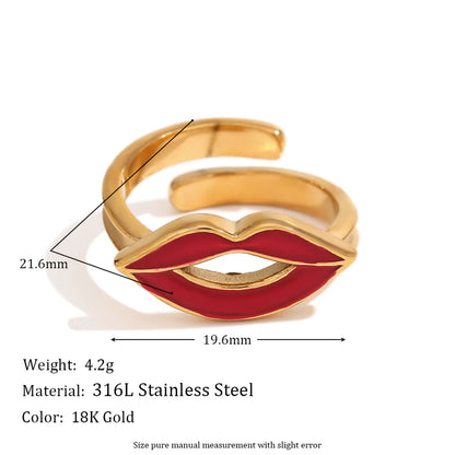 Stainless Steel 18K Gold Plated Elegant Retro Lips Enamel Open Rings