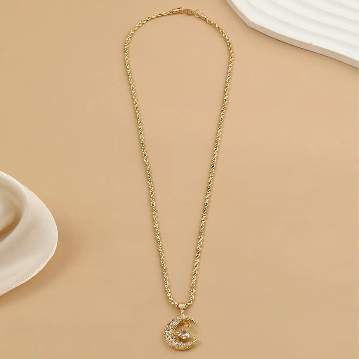 Stainless Steel 18K Gold Plated Elegant Simple Style Commute Star Moon Polishing Inlay Zircon Pendant Necklace