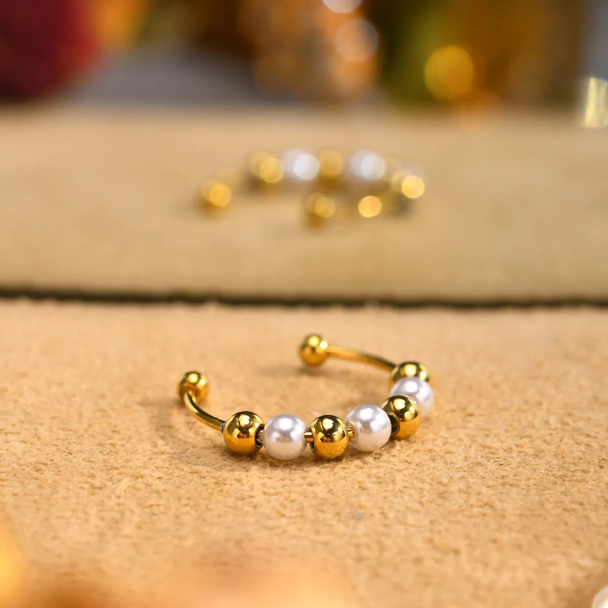 304 Stainless Steel 18K Gold Plated Elegant Simple Style Beaded Geometric Artificial Pearls Open Rings