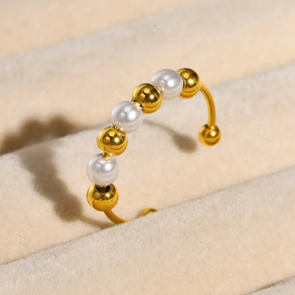 304 Stainless Steel 18K Gold Plated Elegant Simple Style Beaded Geometric Artificial Pearls Open Rings