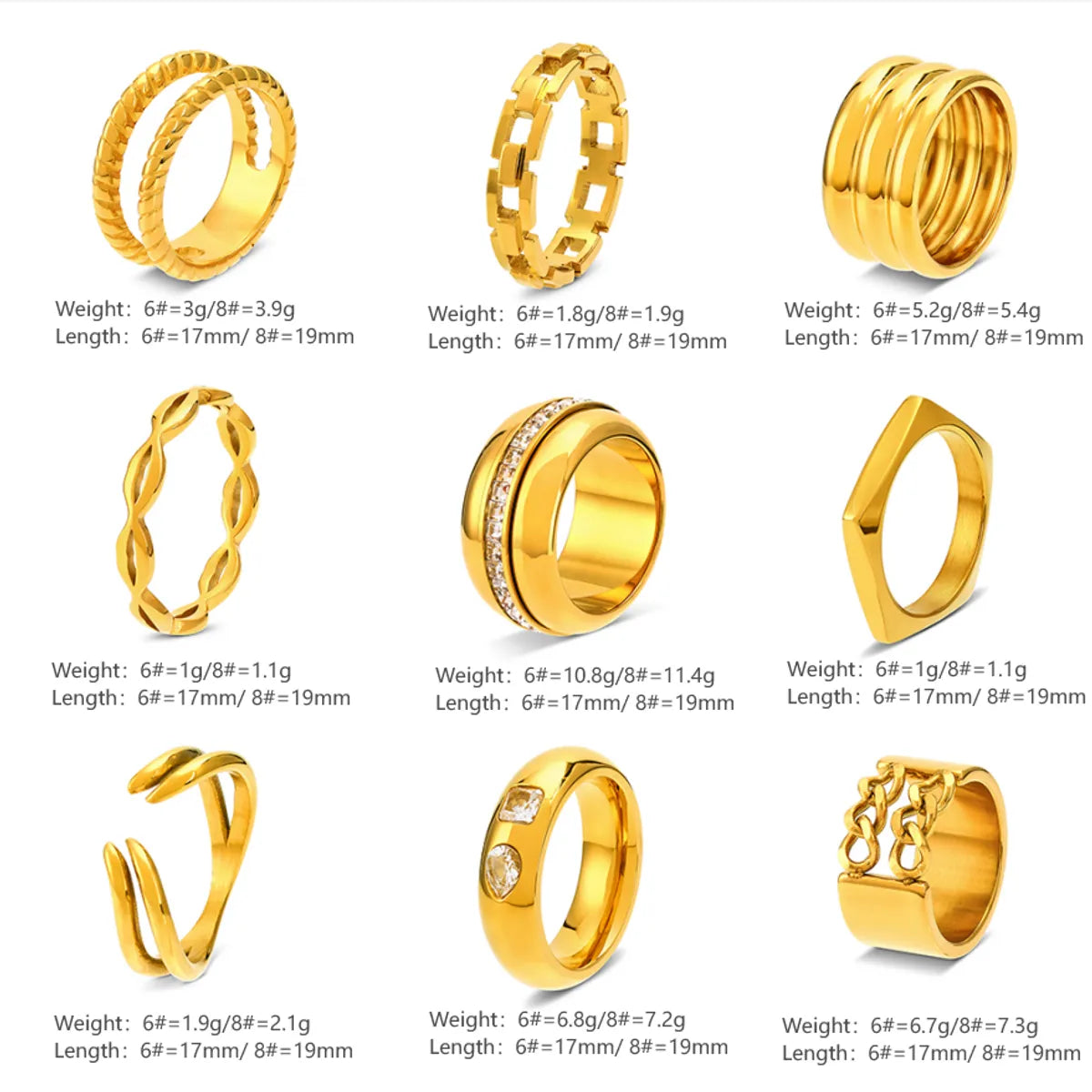 304 Stainless Steel 18K Gold Plated Elegant Simple Style Geometric Zircon Rings