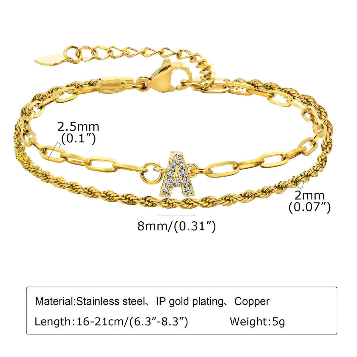 Stainless Steel 18K Gold Plated IG Style Letter Inlay Zircon Bracelets