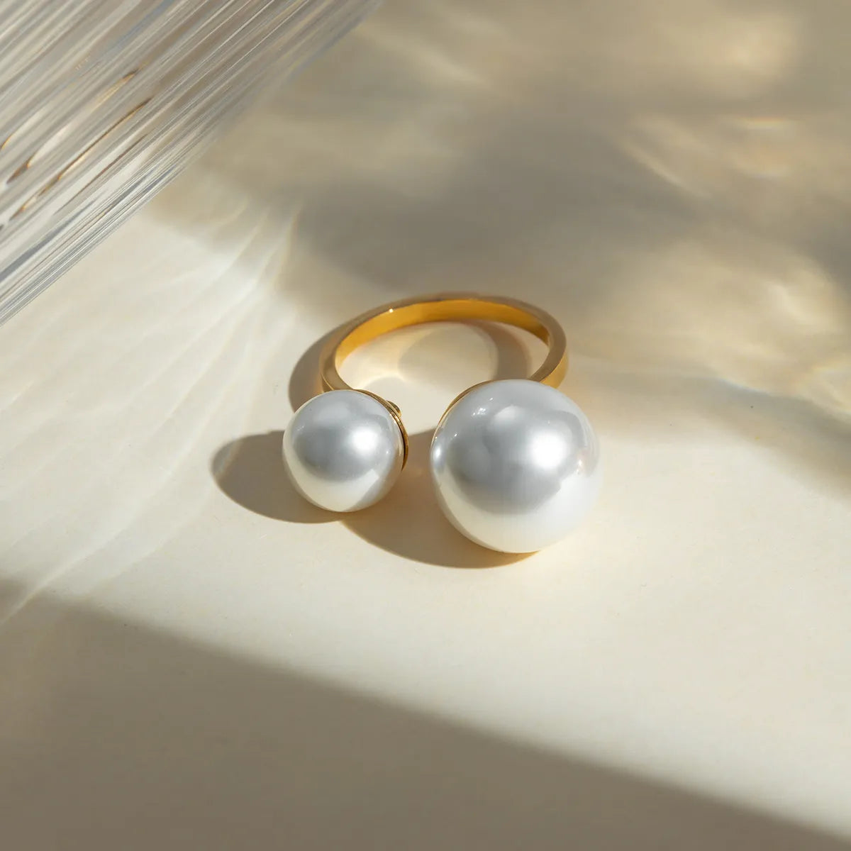 Stainless Steel 18K Gold Plated IG Style Round Inlay Pearl Open Rings