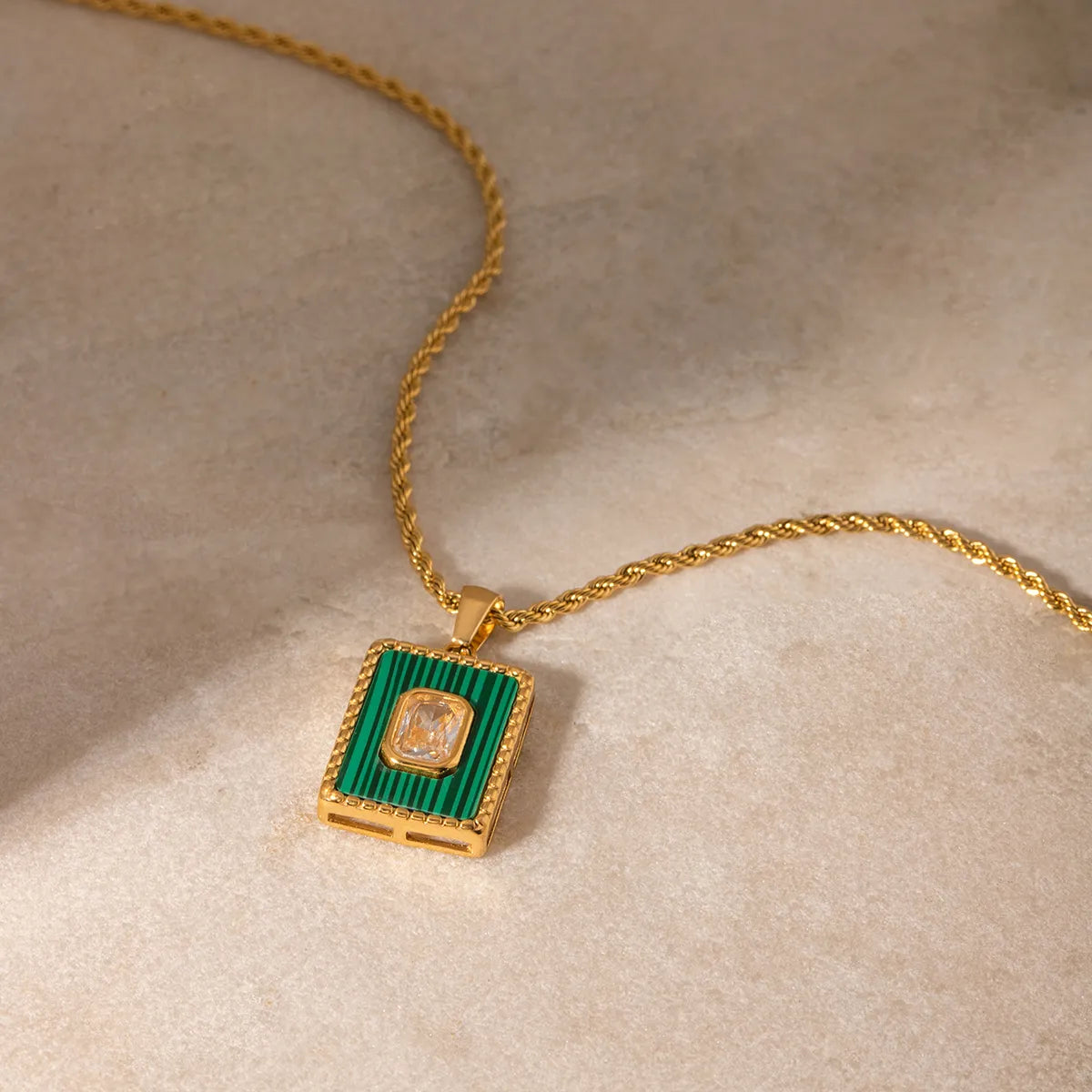 Stainless Steel 18K Gold Plated IG Style Square Inlay Malachite Zircon Pendant Necklace