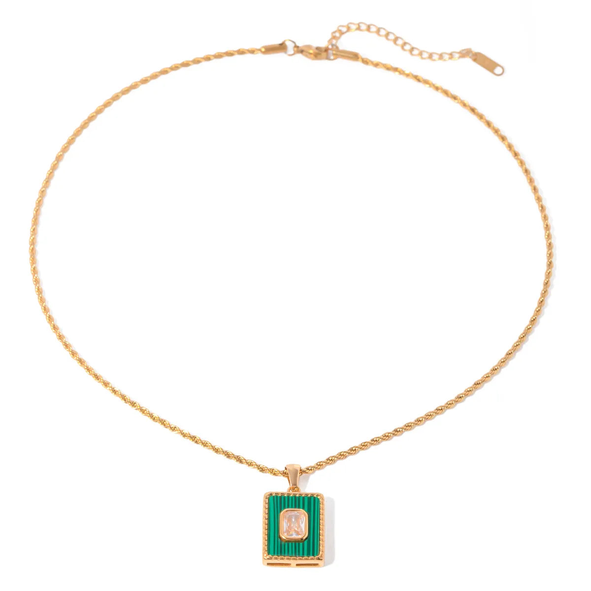 Stainless Steel 18K Gold Plated IG Style Square Inlay Malachite Zircon Pendant Necklace