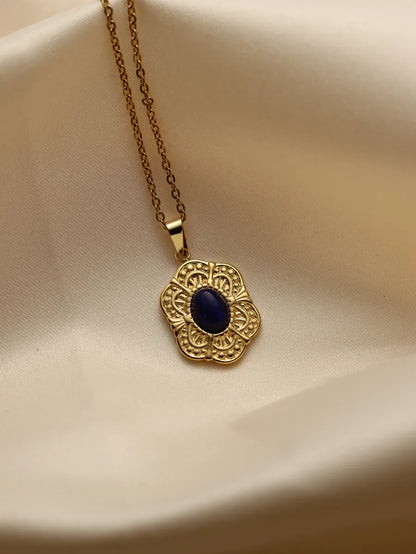 Stainless Steel 18K Gold Plated Retro Four Leaf Clover Sun Moon Inlay Natural Stone Zircon Pendant Necklace